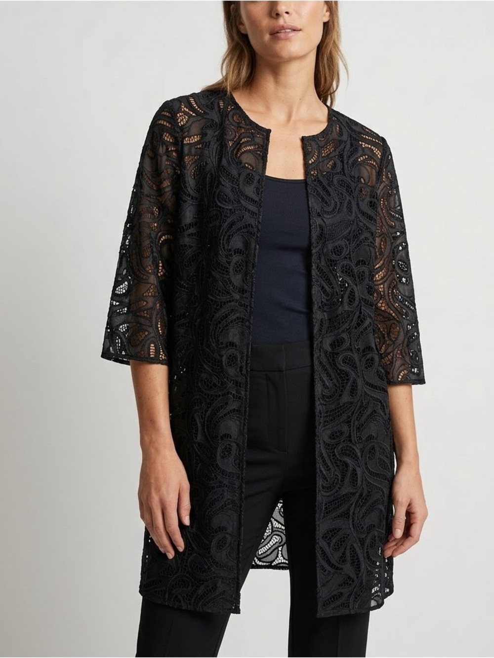 Peter Nygard Black Sheer Paisley Lace Open Front Faux Leather Cardigan L/XL